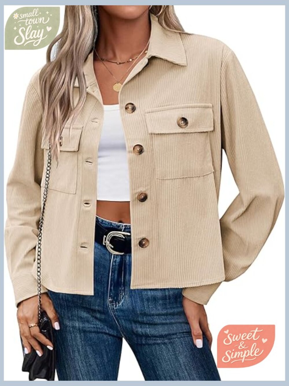 Cropped Corduroy Shacket Button Down Long Sleeve Jacket Top Fall Layering - Picture 1 of 7